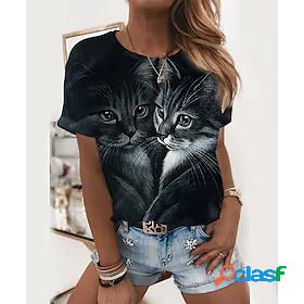 Womens T shirt Cat 3D Cat Cat Animal Round Neck Print Basic
