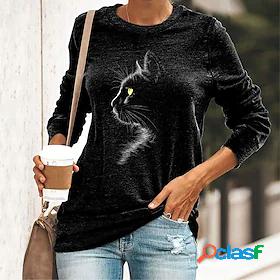 Womens T shirt Cat Graphic Round Neck Print Basic Tops Blue