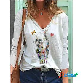 Womens T shirt Cat Long Sleeve Print V Neck Basic Tops