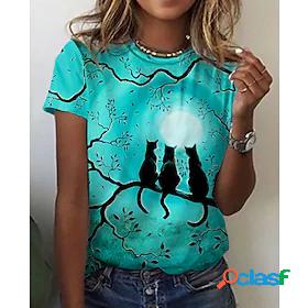 Womens T shirt Cat Painting Cat Animal Round Neck Print