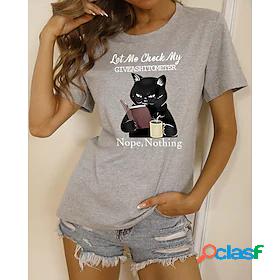 Womens T shirt Cat Painting Cat Text Round Neck Print Basic