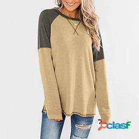Womens T shirt Color Block Round Neck Patchwork Basic Tops