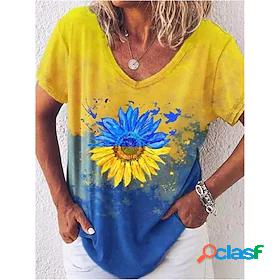 Womens T shirt Color Gradient Flower V Neck Patchwork Print
