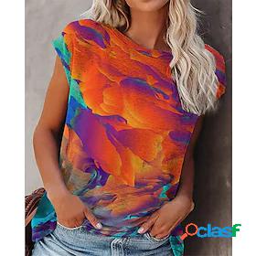 Womens T shirt Color Gradient Round Neck Patchwork Print