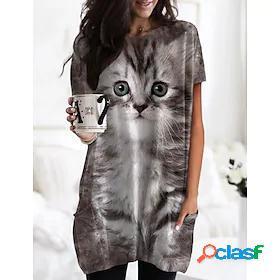 Womens T shirt Dress 3D Cat Painting Cat 3D Animal Round