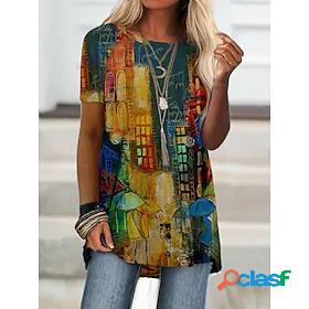 Womens T shirt Dress Color Block Print Round Neck Tops Basic