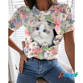 Womens T shirt Floral Theme 3D Cat Floral Cat 3D Round Neck