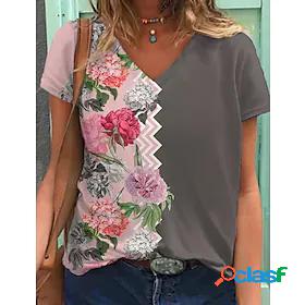 Womens T shirt Floral Theme Floral Color Block V Neck Print