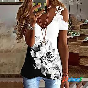 Womens T shirt Floral Theme Painting Feather V Neck Lace