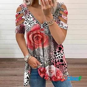 Womens T shirt Floral Theme Painting Floral Leopard V Neck