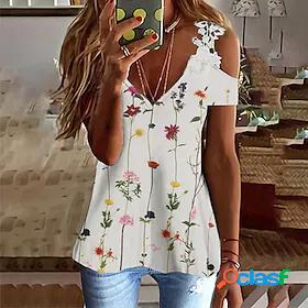 Womens T shirt Floral Theme Painting Floral V Neck Lace Cold