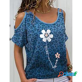 Womens T shirt Floral Theme Painting Leopard Daisy Round