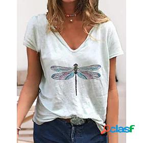 Womens T shirt Graphic Printing V Neck Tops Loose White / 3D