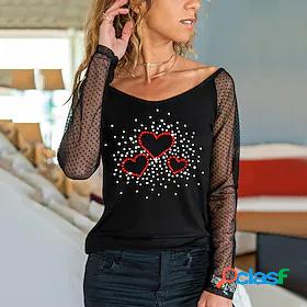 Womens T shirt Heart Skull Star Round Neck Mesh Patchwork