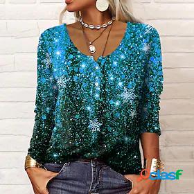 Womens T shirt Painting Galaxy Sparkly Snowflake Round Neck