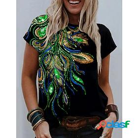 Womens T shirt Painting Graphic Feather Round Neck Print