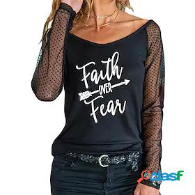 Womens T shirt Painting Graphic Text Round Neck Mesh