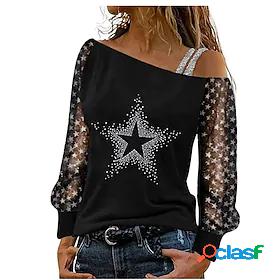 Womens T shirt Painting Heart Music Star One Shoulder Mesh