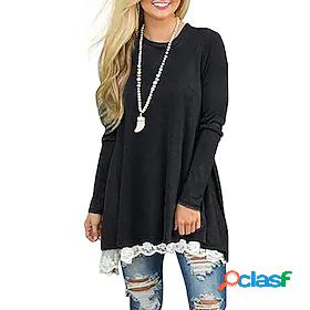 Womens T shirt Plain Round Neck Lace Patchwork Vintage Tops