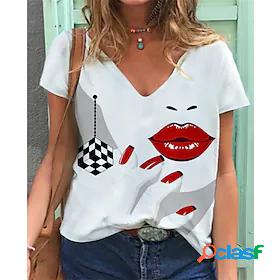 Womens T shirt Portrait Portrait Mouth V Neck Patchwork