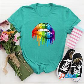 Womens T shirt Rainbow Graphic Mouth Round Neck Print Basic