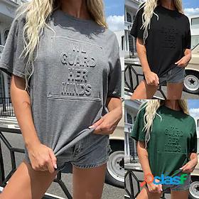 Womens T shirt Striped Letter Round Neck Basic Tops Green