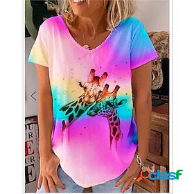 Womens T shirt Tie Dye Animal V Neck Tops Rainbow