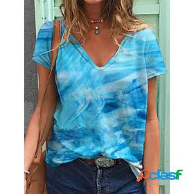 Womens T shirt Tie Dye V Neck Basic Tops Blue / 3D Print