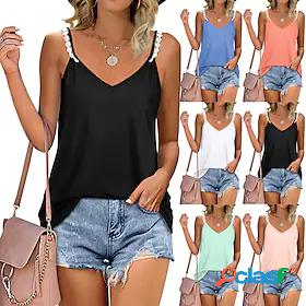 Womens Tank Lace Basic Tropical Plain Sleeveless V Neck