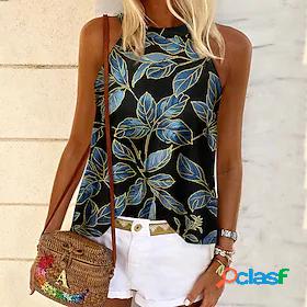 Womens Tank Top Camis Floral Theme Leaves Halter Neck Print