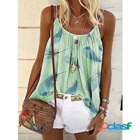 Womens Tank Top Shirt Feather Round Neck Print Casual