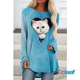 Womens Tunic T shirt 3D Cat Painting Long Sleeve Cat Heart