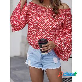 Womens Work Blouse Peasant Blouse Polka Dot Long Sleeve
