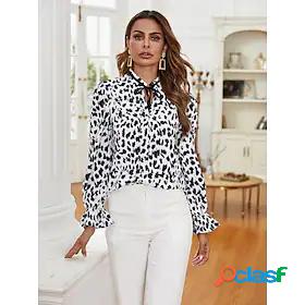 Womens Work Blouse Shirt Long Sleeve Leopard V Neck Lace up