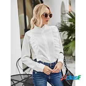 Womens Work Blouse Shirt Long Sleeve Plain Standing Collar