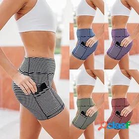 Womens Yoga Shorts High Waist Shorts Side Pockets Stripes