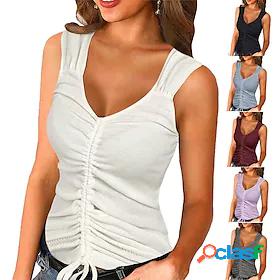 Womens threaded drawstring slim tank top t-shirt solid color