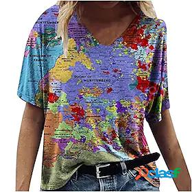 summer v neck tshirt for women funny world map print shirts