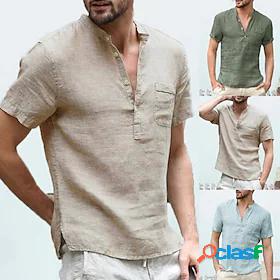 100% Cotton mens linen button solid color v-neck short