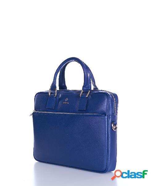Borsa Ventiquattrore In Pelle Di Vitello Blu Saffiano Tasca