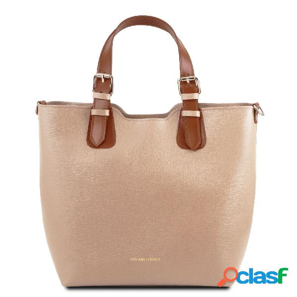 Borsa shopping in pelle Saffiano Cipria