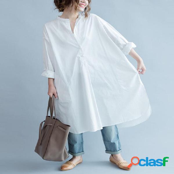 Camicetta lunga con scollo a V bianca da donna casual M-5XL