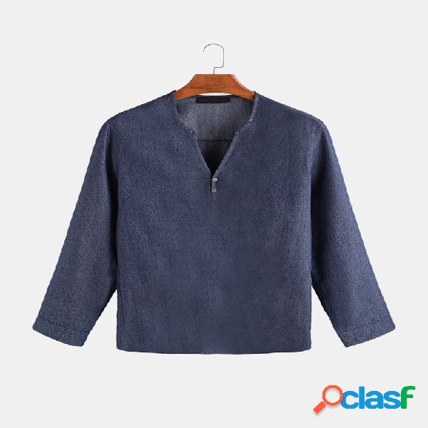 Camicie da uomo a maniche lunghe in denim blu casual V Collo