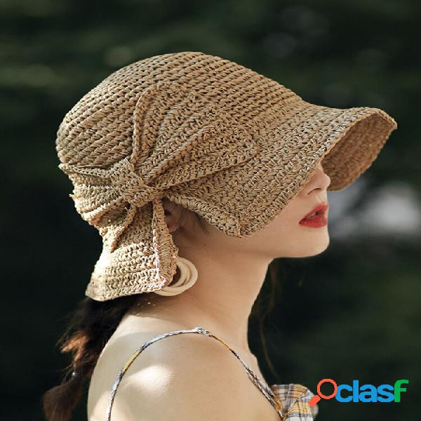 Cappello pieghevole da donna con fiocco in paglia