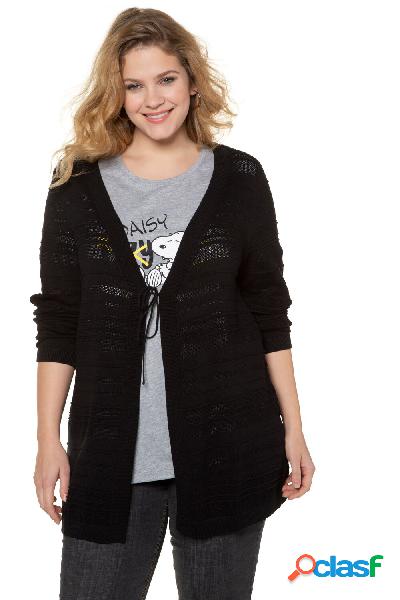 Cardigan lungo, maglia fine e velata, laccetto, Donna, Nero,