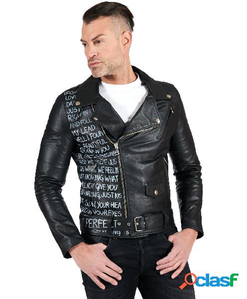 Chiodo Biker In Pelle Nera Con Cintura Scritto A Mano