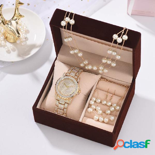 Deffrun 4 pezzi orologio da donna set completo di diamanti