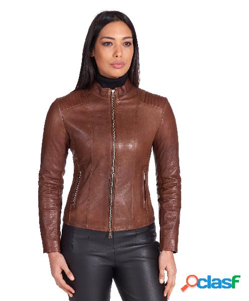 Giacca Biker In Pelle Pull Up Cuoio Impunturato Sulle Spalle