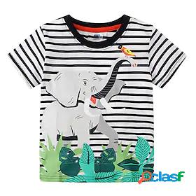 Kids Boys T shirt Short Sleeve Stripe Leaf Elephant White