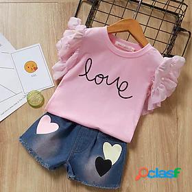 Kids Girls Clothing Set Short Sleeve 2 Pieces White Pink